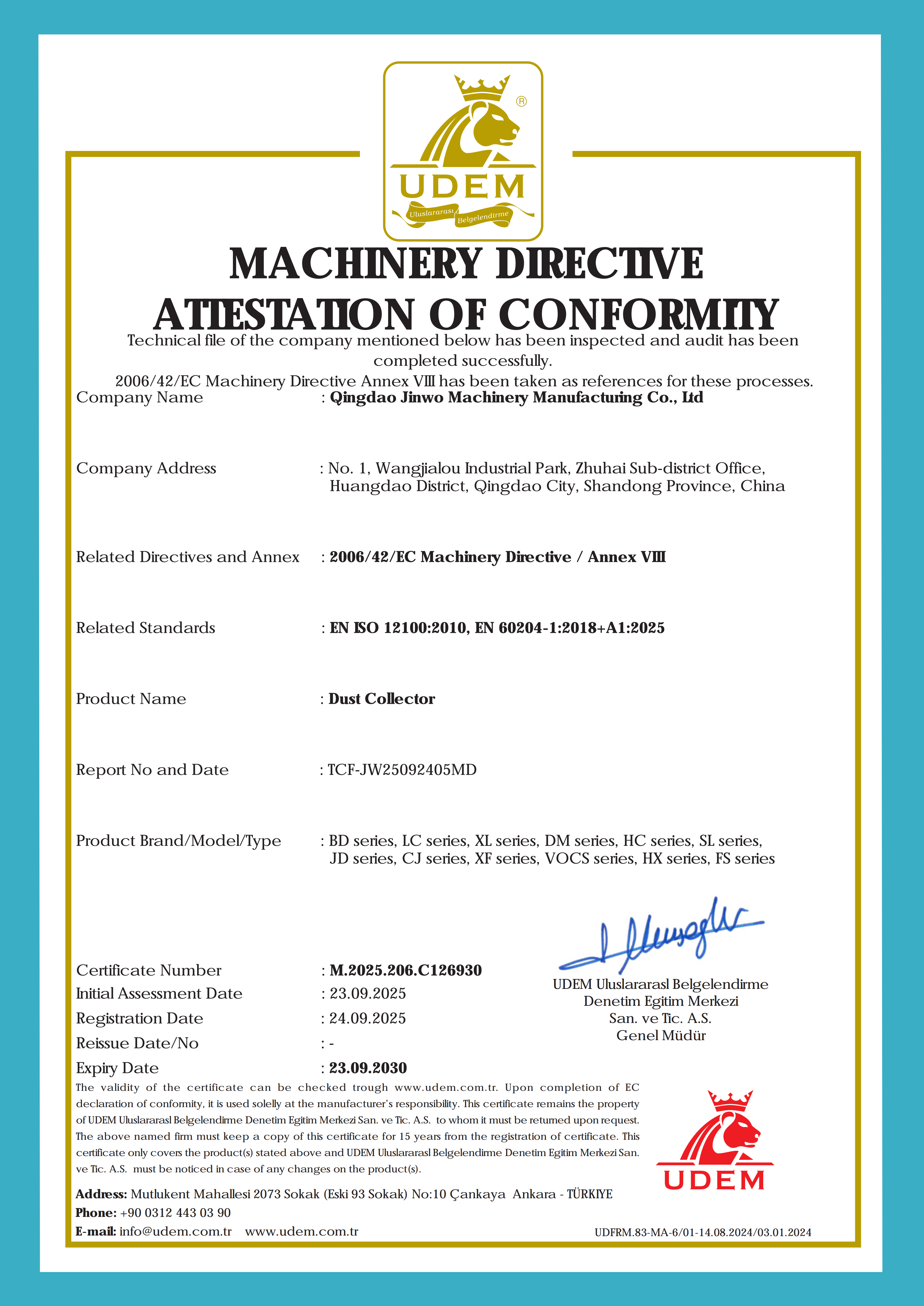 CE Certificate - Dust Collector - Qingdao Jinwo Machinery Quality Certification