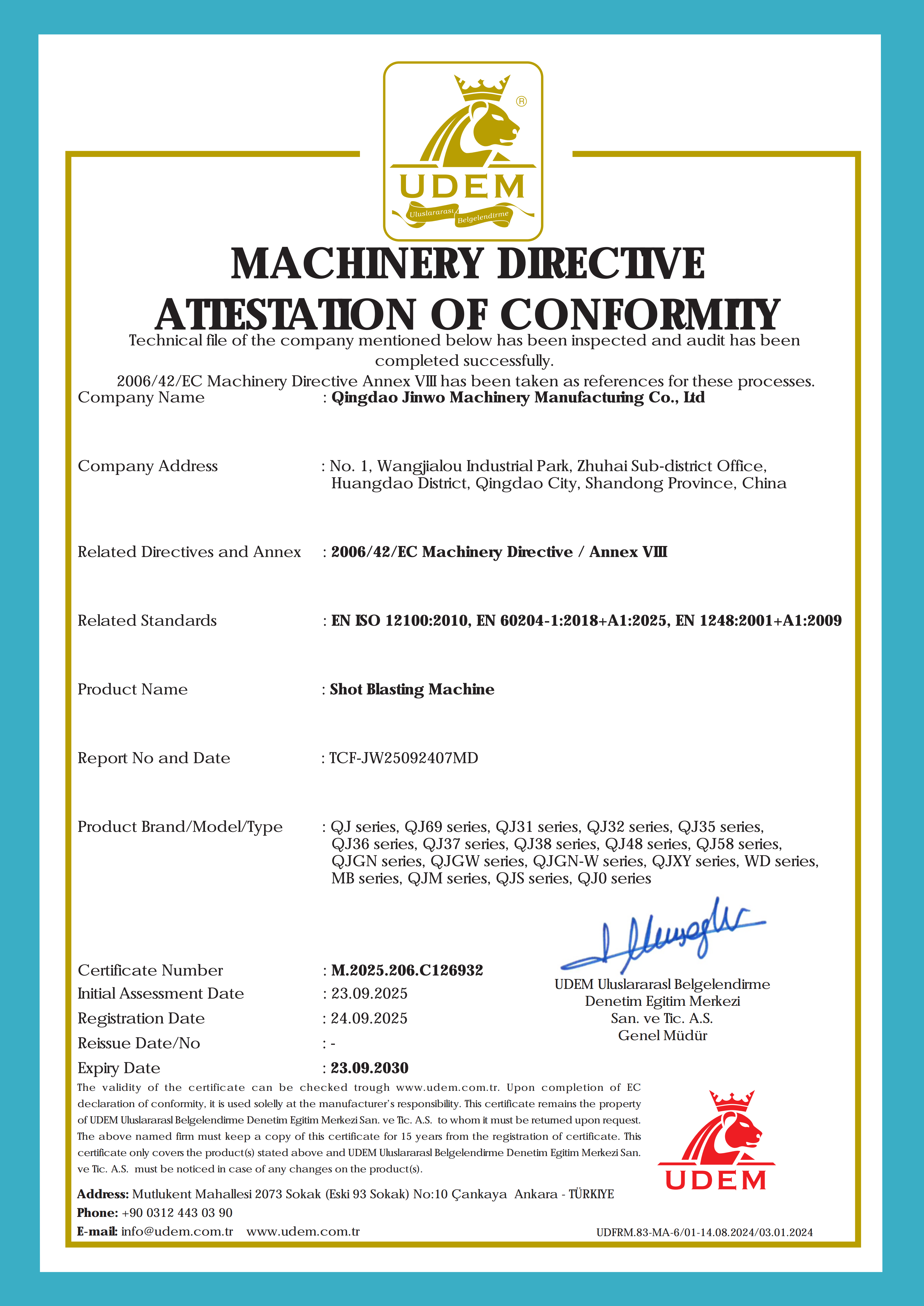 CE Certificate - Shot Blasting - Qingdao Jinwo Machinery Quality Certification
